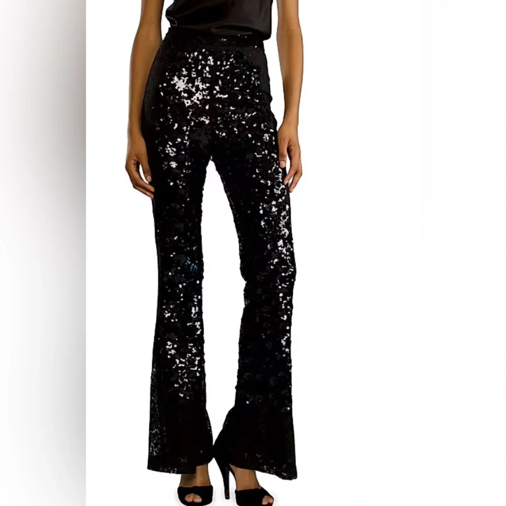 Cynthia Rowley NWT Black Sequin & Lace Flared Leg Pants 4 Studio 54 Disco - Picture 3 of 13